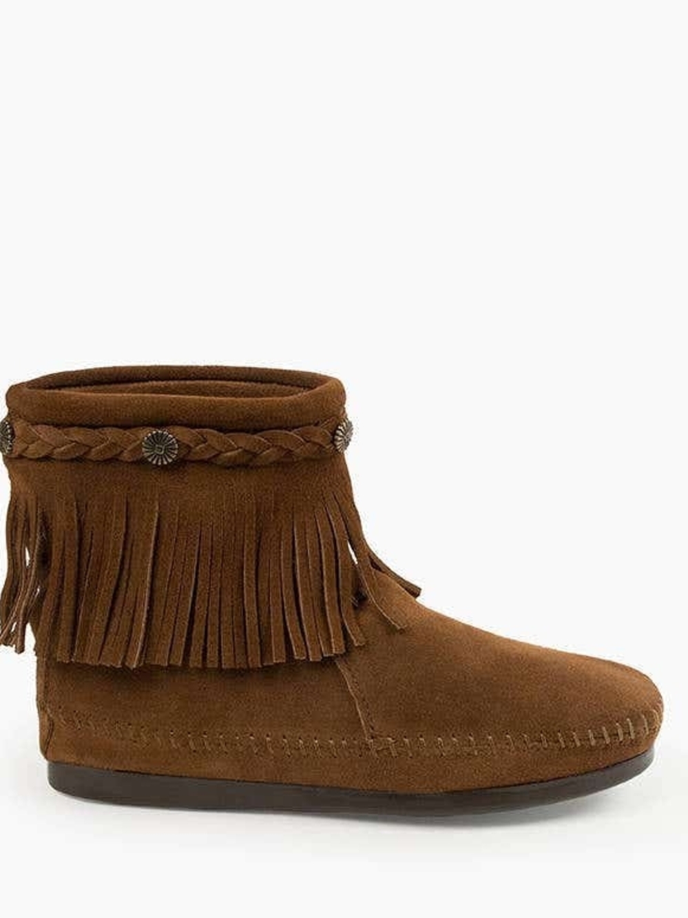 NEW Minnetonka Fringe Suede Ankle Bootie Brown Tan